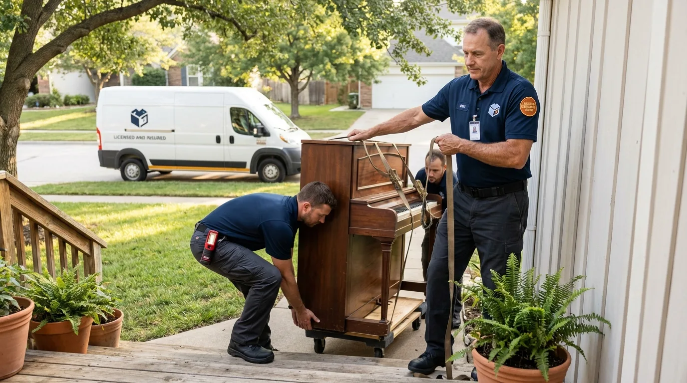 Licensed piano movers securing grand piano in Harpersville, AL
