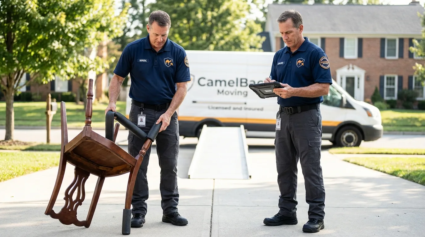 Movers inspecting furniture for damage prevention before loading in Harpersville, AL