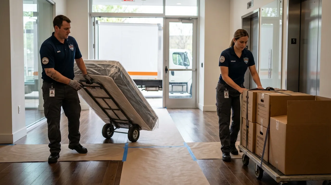 Professional apartment movers loading elevator in Harpersville, AL