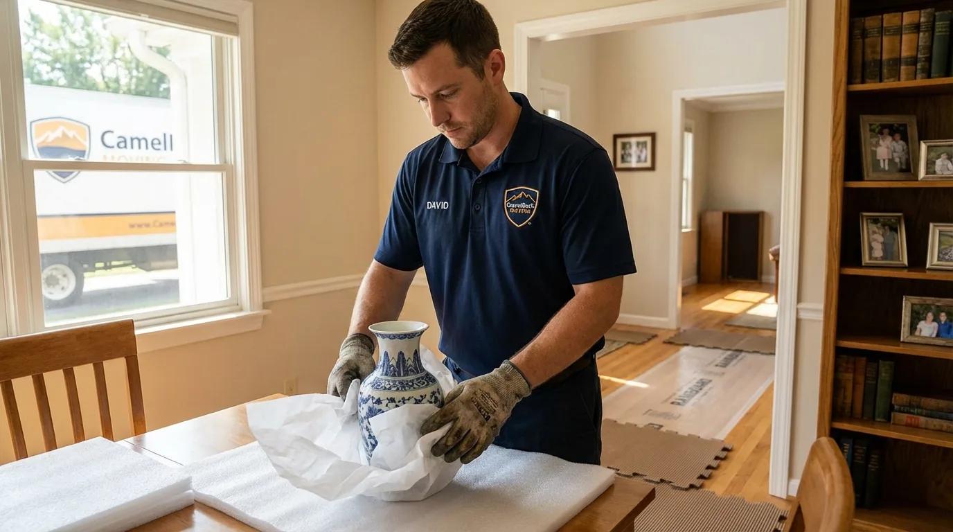 Professional crew carefully wrapping antique vase for senior downsizing move in Harpersville, AL